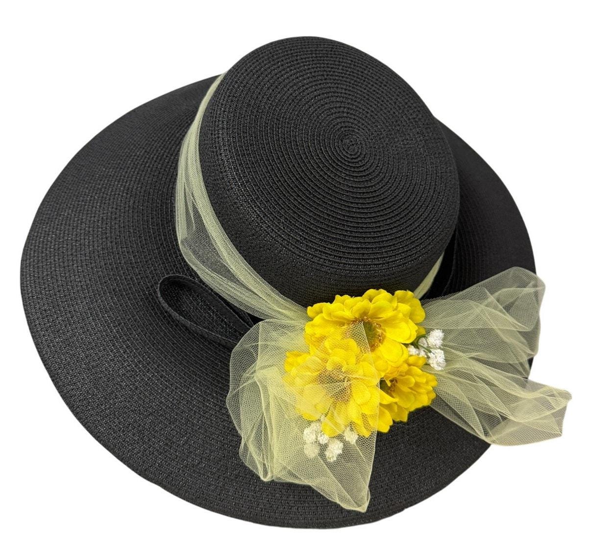 Eric Javits Wide Brim Hat Black Straw Yellow Flowers + 16  display picture 2