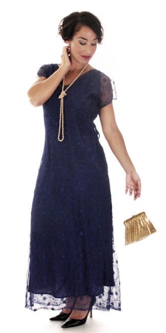 1930s Vintage Blue Lace Maxi Dress: Bias Cut Gown (38-36-46)