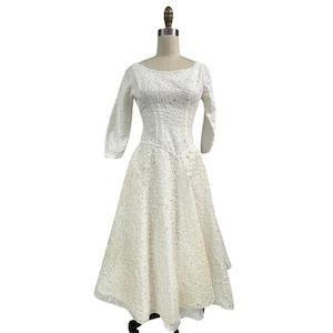 Vtg Retro 1950s White Embroidered Eyelet Dress Party Prom Wedding Gown Sz S