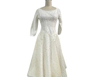 Vtg Retro 1950s White Embroidered Eyelet Dress Party Prom Wedding Gown Sz S