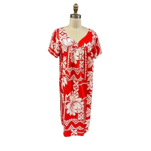 Jaren 60 Waltah Clarks rode muumuu Pomare Tahiti import kaftan korte katoenen jurk Liberty House S/M