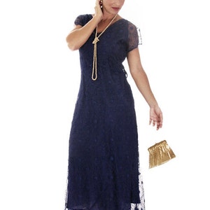 Rare 1930s Vintage Dress Maxi  Bright Royal Blue Spider Web Lace Bias Cut Gown 38-36-46