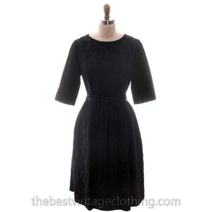Retro VTG Black Brocade Cocktail Party Dress 1950s Medium Sz 40 Hourglass Shape Aure