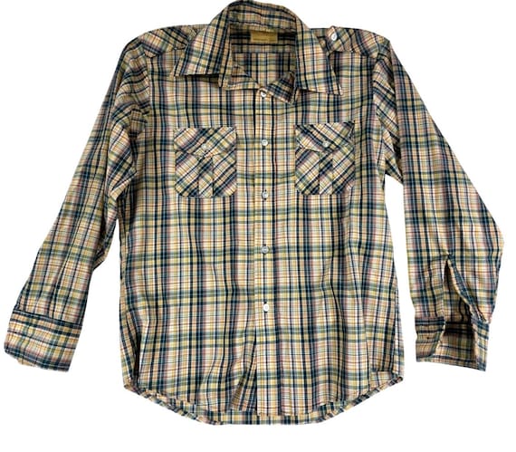 VTG 1970s Sears Perma-prest Plaid Western Button Shirt Green