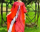 Vintage Marimekko Gown Red Pink Cotton 1970s Heavy Cotton XS Womens Dress