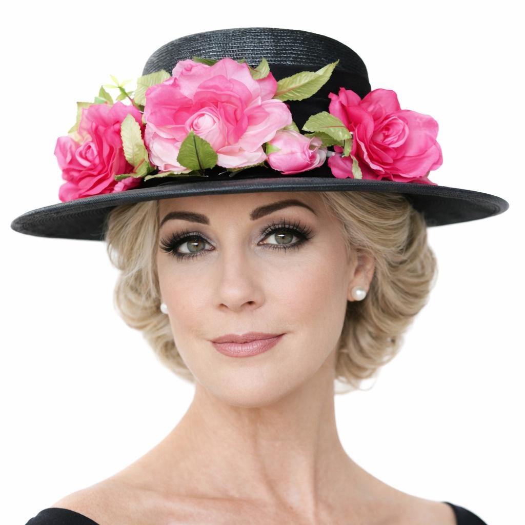 VTG 1960s Louis Original Black Straw Floral Garden Party Hat  display picture 2