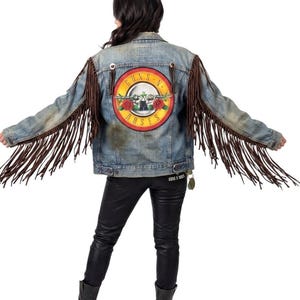 Vintage Levi’s Jeansjacke mit Lederfransen und Guns N’ Roses-Aufnäher, USA, Größe M, 70er/80er Jahre