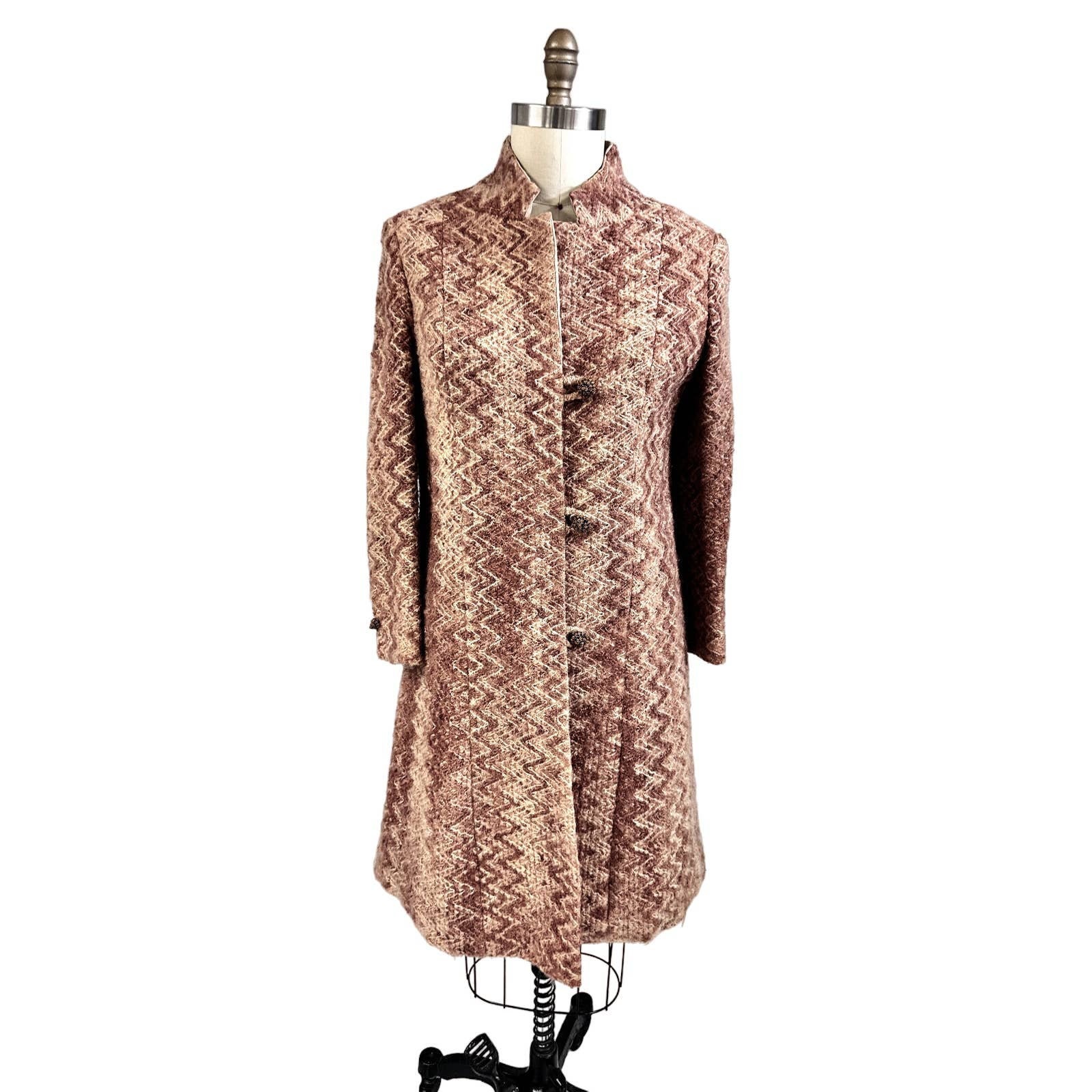 VTG 1970s Mod Womens Coat Rusty Zigzag Woven Wool W