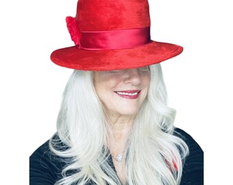 Vintage Adolfo Realites Red Fur Felt Brimmed Hat Church 1960s