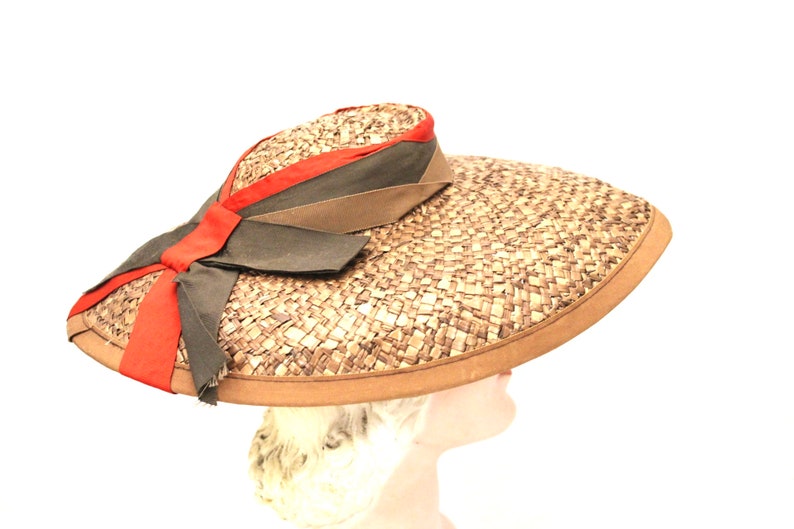 Vintage Wide Brimmed Straw Hat 1940s Brown New York Creation WW2 Guernsey Pie image 3