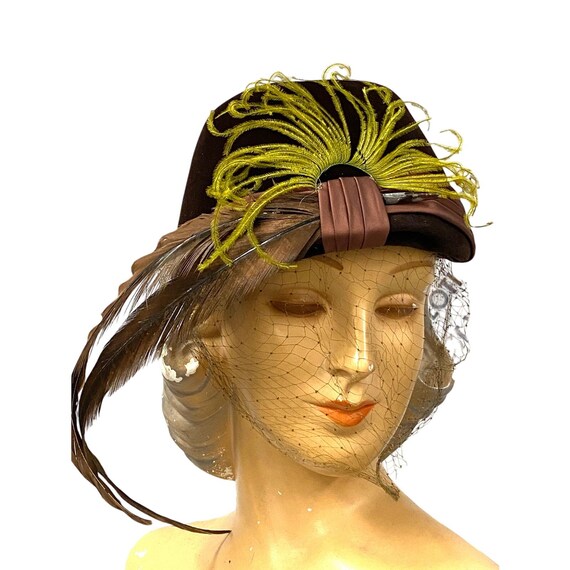 VTG 1940s Semi-cloche Brown Felt Feather Hat Opera Italy 
