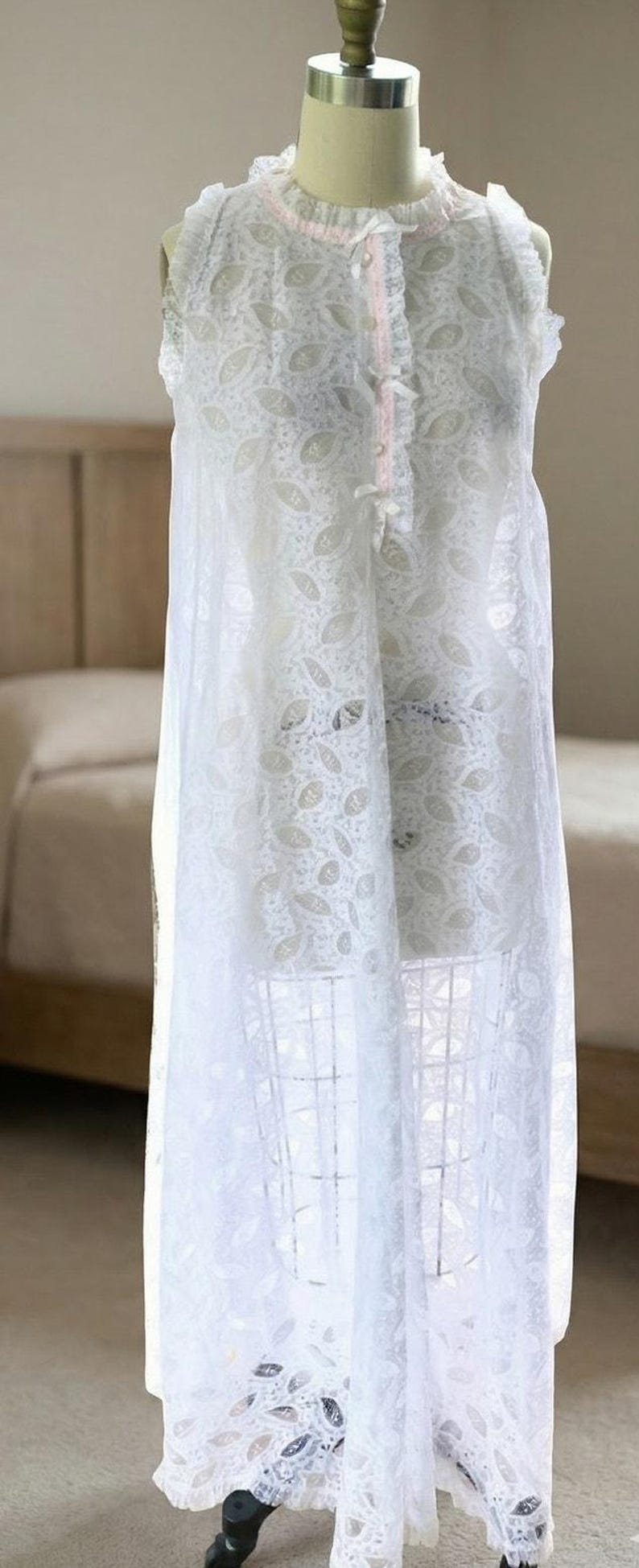 VTG 1960s Perri Ann Peignoir Set White Lace Bridal Nylon M L Romantic M/L image 5