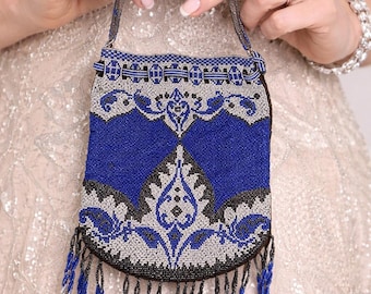 VTG 1920s Cut Steel Beaded Purse Cobalt Blue Art Deco Gatsby Flapper