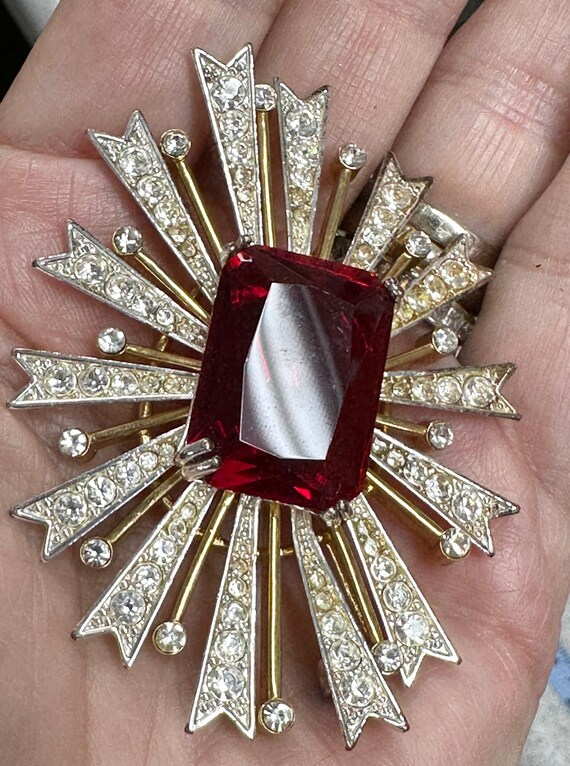 Huge Atomic  Vintage Ruby Starburst Brooch Pin by… - image 4
