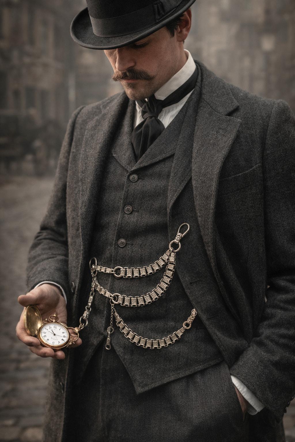 Victorian Silver-Plated Heavy Watch Chain 3-Section Albert Style