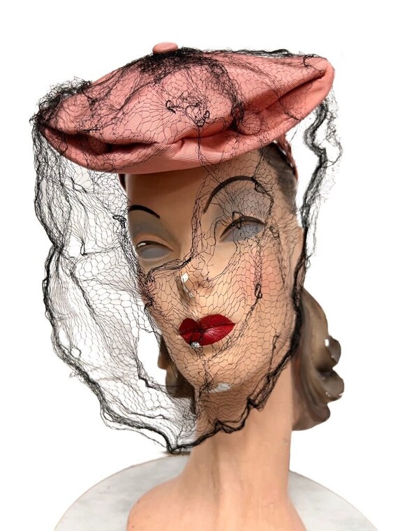 1940s Pink Fascinator Hat Black Veil O/S Vintage Faille - Etsy display picture 3