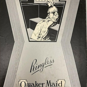 May include: Vintage advertisement for Quaker Maid Hosiery. The image features a black and white illustration of a woman in a bonnet and dress, seated in a room. The text "Ringless" and "Quaker Maid Hosiery" are also displayed.