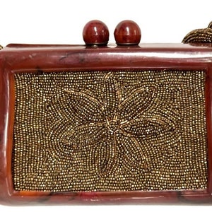 Monedero de caja de lucita con cuentas de la década de 1940, bolso de bronce con cuentas de carnaval, marrón, súper raro