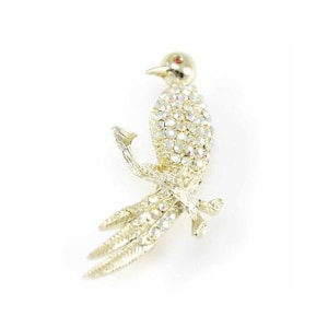 1950s Bird Brooch / Vintage Rhinestone Brooch / Bird Pin with AB Rhinestone Body and Red Rhinestone Eye / 50&#39;s Sparkly Bird Pin