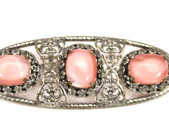 Vintage Czech Brooch Pale Pink Opalescent Cabochons White Metal Filigree 1930s 3"