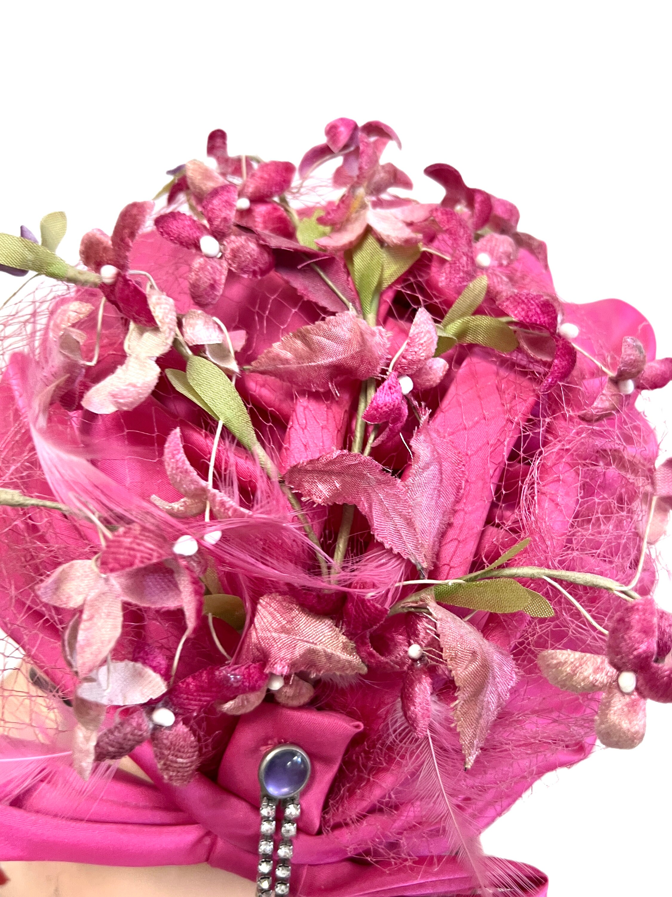 Vintage Hot Pink Satin Semi-cloche Hat With Flowers - 1960s 