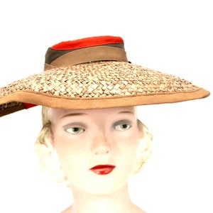 Vintage Wide Brimmed Straw Hat 1940s Brown New York Creation WW2 Guernsey Pie image 2