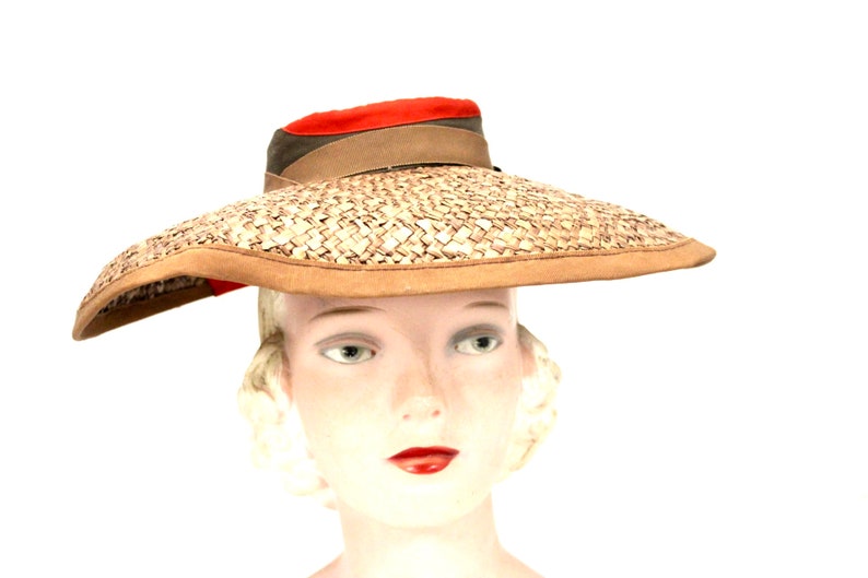 Vintage Wide Brimmed Straw Hat 1940s Brown New York Creation WW2 Guernsey Pie image 2