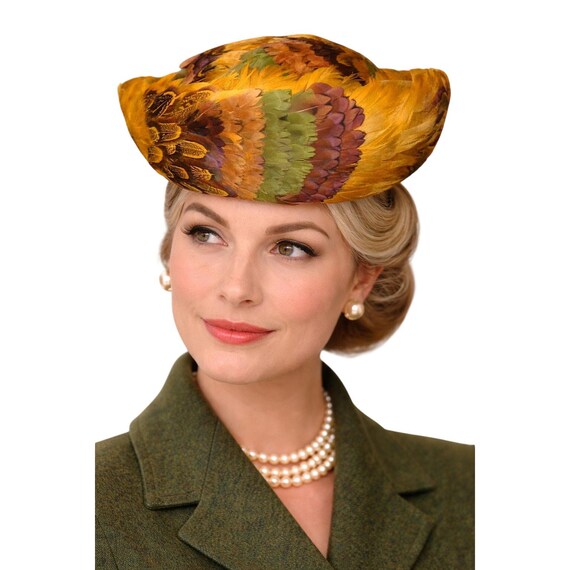 VTG 1950s Pheasant Feather Breton Hat Gold Fall Glam