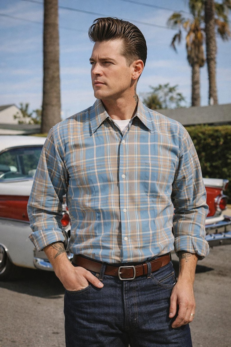VTG 1950s Pennleigh Sanforized Cotton Plaid Shirt Ivy League Midcentury M image 1