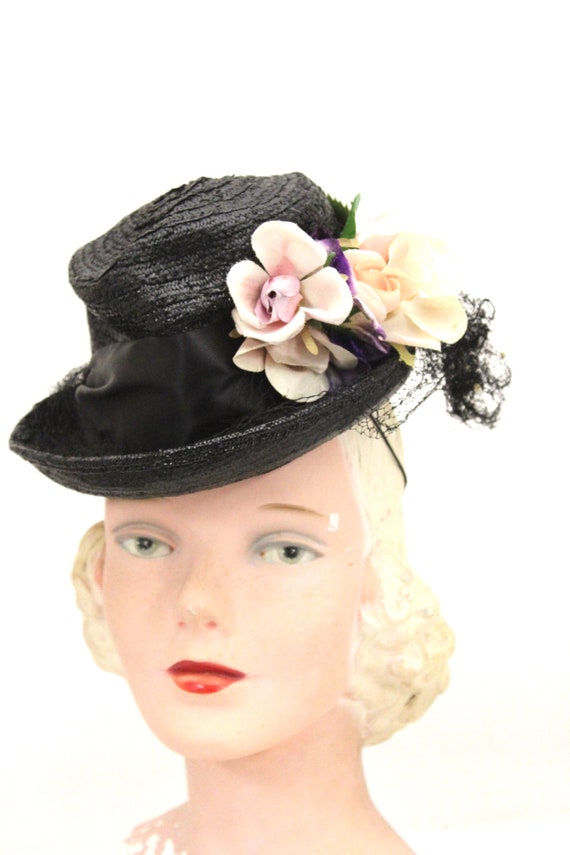 Vintage Fascinator Doll Hat Black Straw & Flowers… - image 4