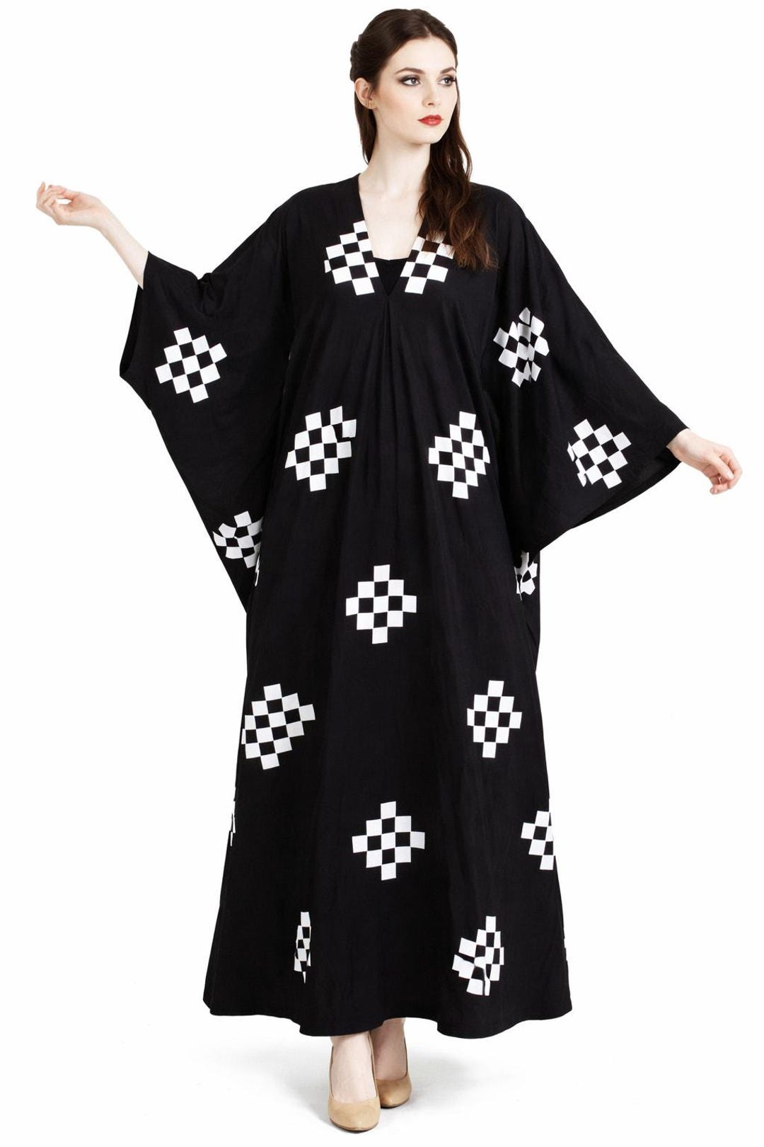 VTG 1975 Marimekko Pivo Kaftan Maxi Dress Katsuji Wakisaka Black