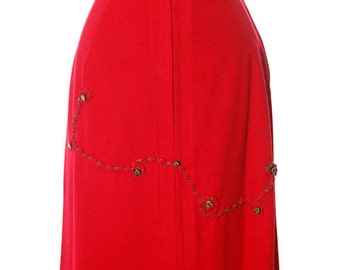 Hot Lipstick Red Vintage Pencil Skirt  Wool w Passementerie Braid On Front 1950s Waist 29&quot;