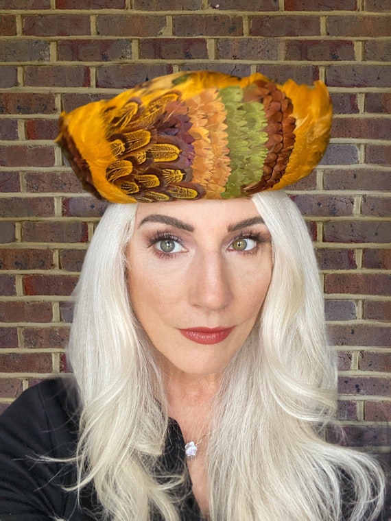 Vintage Womens Feather Pheasant Hat Stunning Gold… - image 1