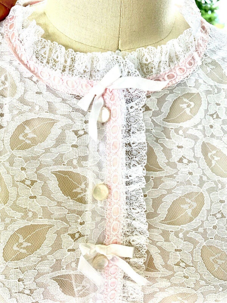 VTG 1960s Perri Ann Peignoir Set White Lace Bridal Nylon M L Romantic M/L image 8