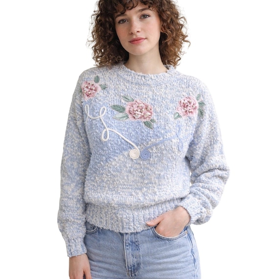 Needles, VTG 80s Needles & Yarn Blue Rose 3D Applique Grandma Sweater M
