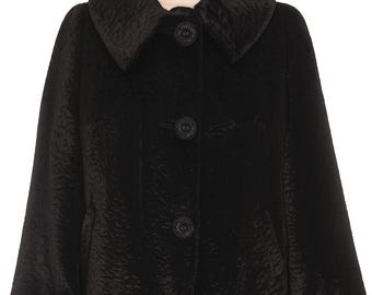 Vintage Faux Broadtail Lamb Swing Jacket Womens Faux Fur Black Large 1940s Evening Coat