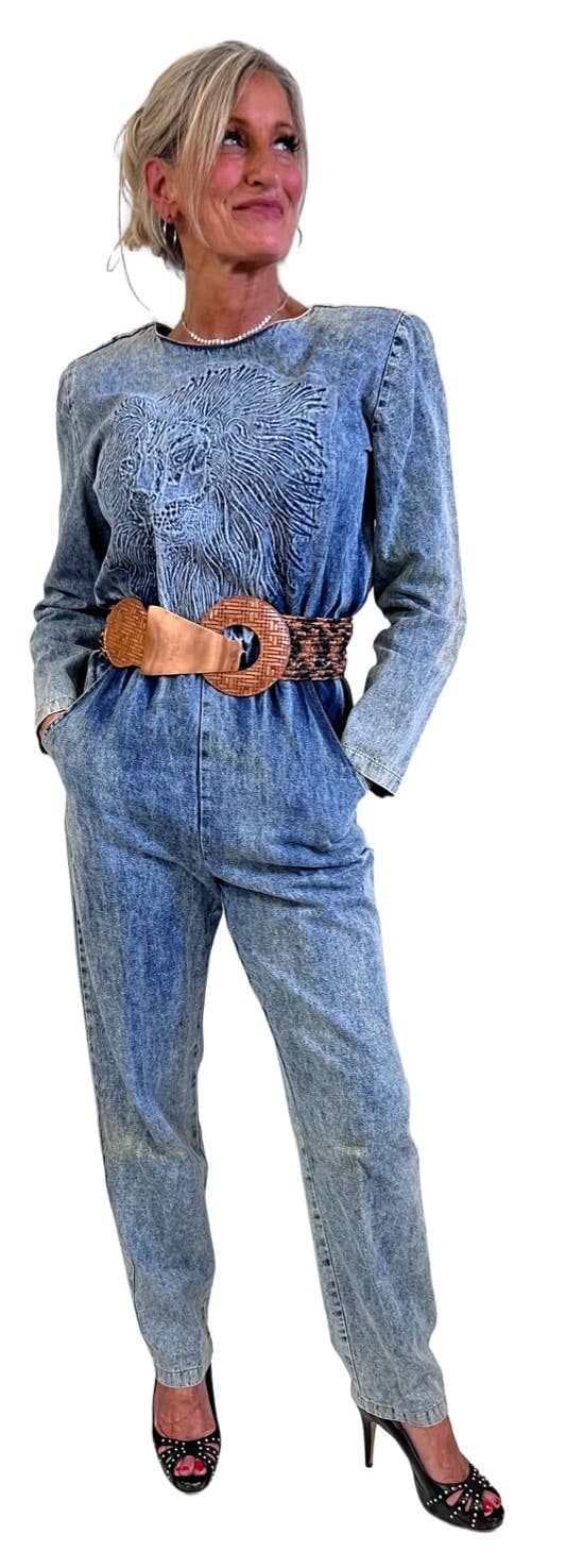 Vintage Lew Magram Embossed Maned Lion 80s Denim Jumpsuit S