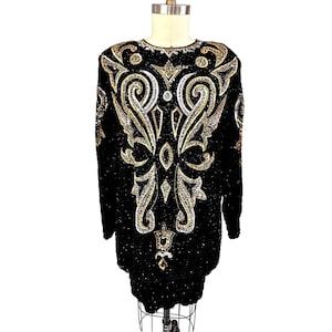 Vintage 80s Designer Lillie Rubin Sequined Silk Dress Black Hobble Hem L