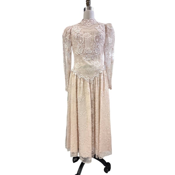 VTG CACHET by BARI Protas Blush Pink  Lace Victorian Revival Dress 80s  Sz M