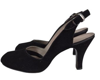 Vtg 1940s 50s Vitality Shoes Maranda Black Suede Slingback Peep-Toe Pumps Sz 8.5