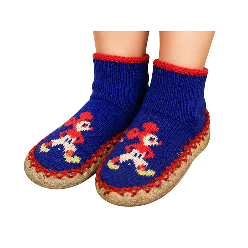 Sällsynta vintage Musse Pigg-socktofflor från 1950-talet, storlek 5, barn, ullstickade lädersulor bild 1