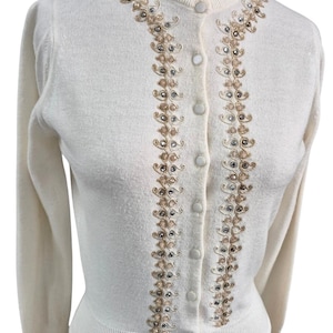 Vtg 40s 50s Off White Beaded Embroidered Cardigan Sweater Rhinestones Sz S
