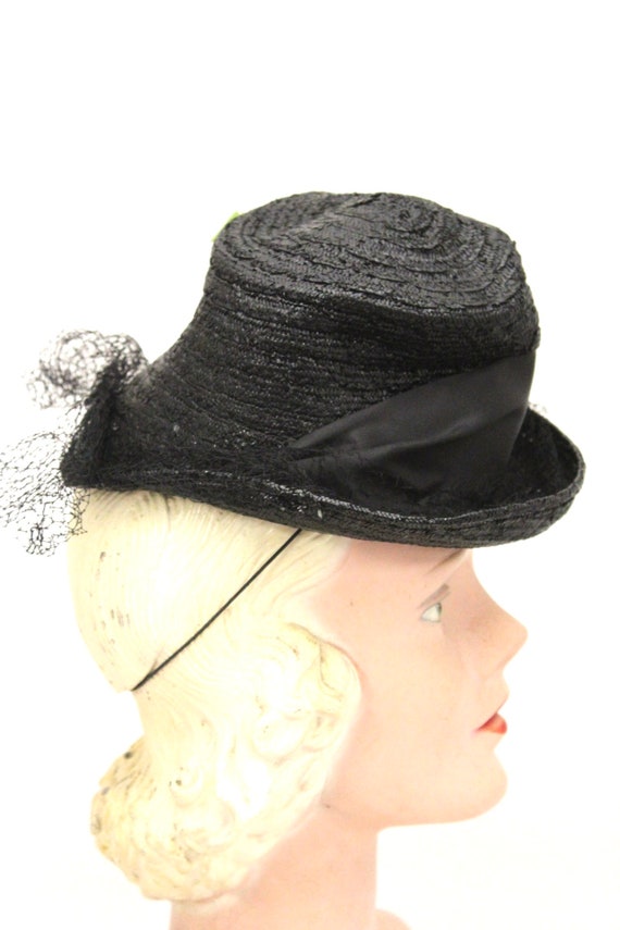 Vintage Fascinator Doll Hat Black Straw & Flowers… - image 8