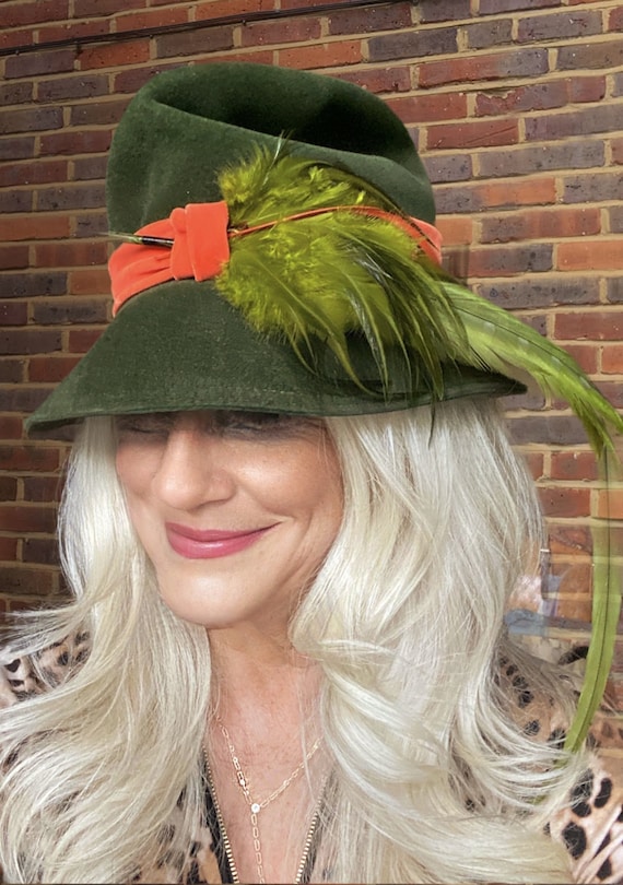 Vtg Winner Hat Church Green Fur Felt Orange Trim B