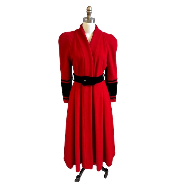 VTG 1980s Red Wool Mohair Blend Cossack Coat Black Trim Nipped Waist Size 6