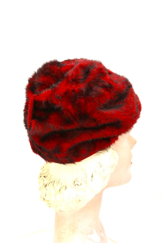 Vintage 1950s Red Black Fur Felt Turban Pillbox C… - image 2