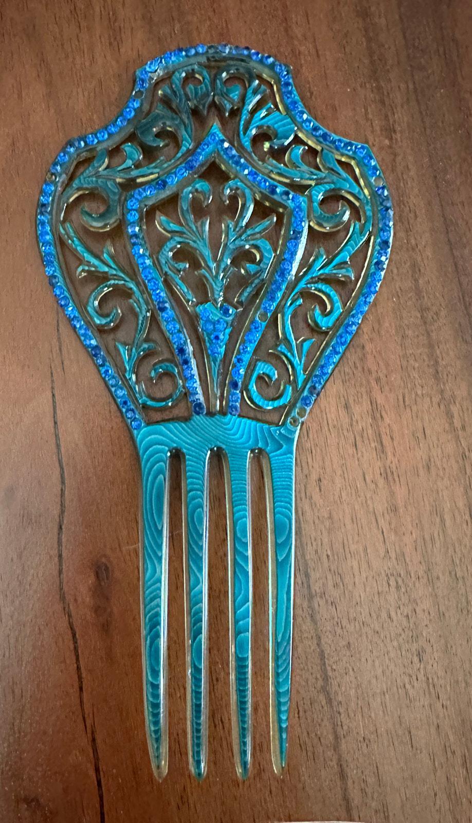 1900s Huge Blue Green Celluloid Art Nouveau Hair Comb Cobalt  display picture 1