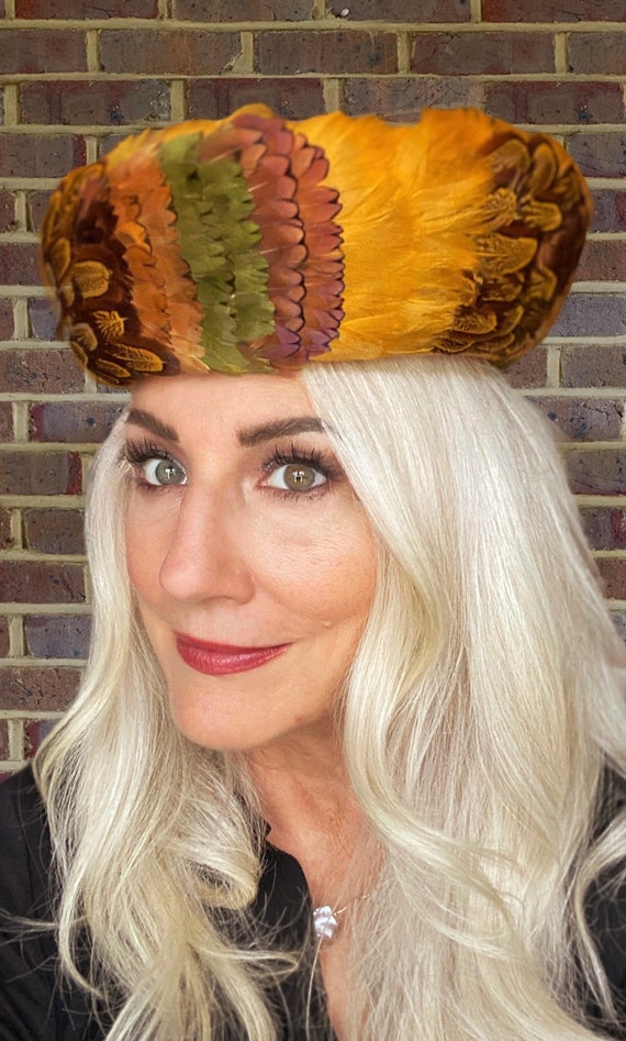 Vintage Womens Feather Pheasant Hat Stunning Gold… - image 4