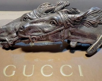 Gucci Genuine VTG Brutalist Double Horse Belt Buckle Italy Rare Silver Pewter