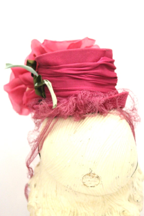 Vintage Fascinator Veiled Doll Hat Hot Pink Huge … - image 4